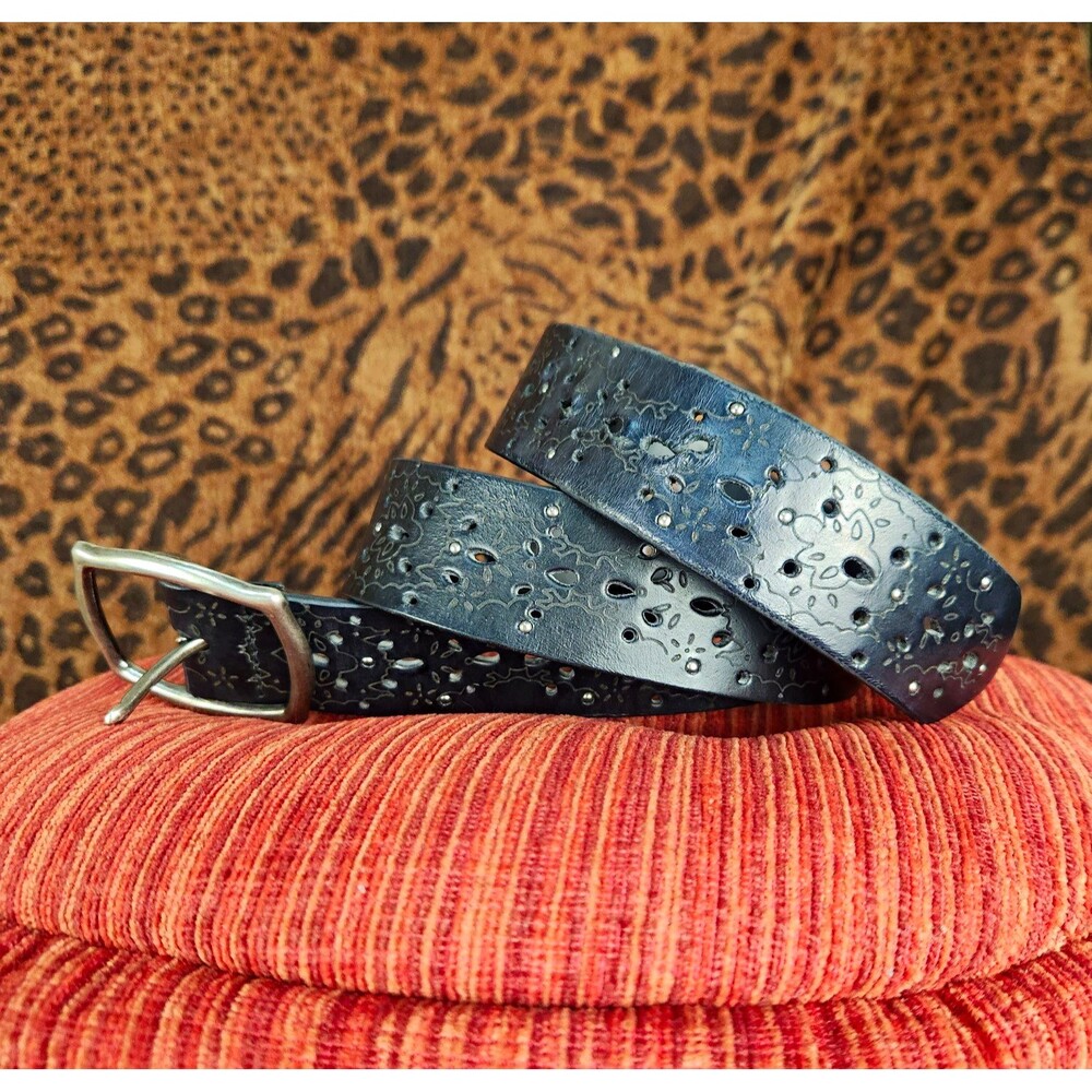 Black Tooled Studded Western Belt Stainless Buckle Sz L 38"x1.5" Boho Retro Y2K